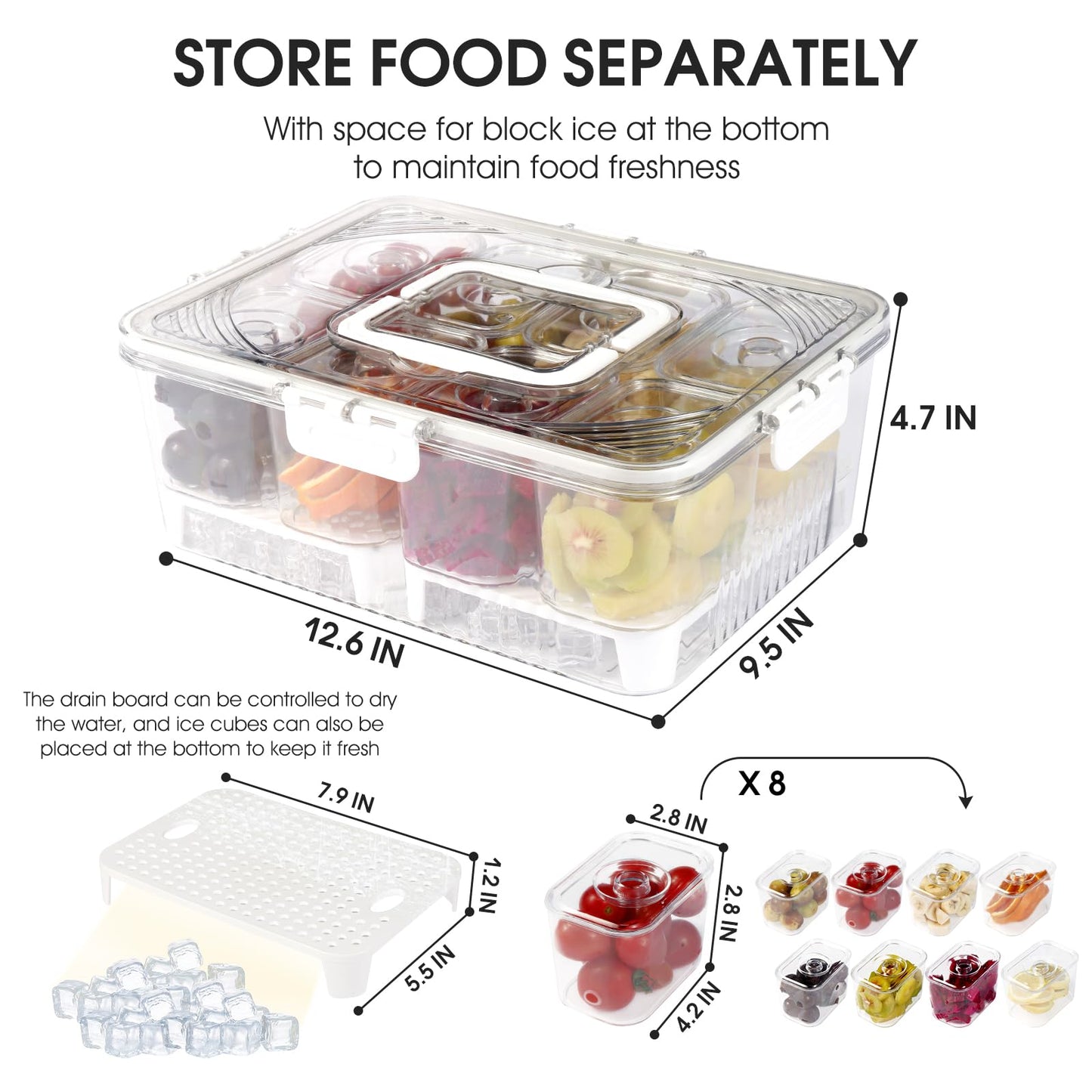 8 Compartment Snack Box with Ice Compartment, Leakproof Portable Cold Food Storage Container, Acrylic Airtight Food Tray for Long Haul Truckers Long Distance Drivers, Road Trip Car Cab Food Organizer