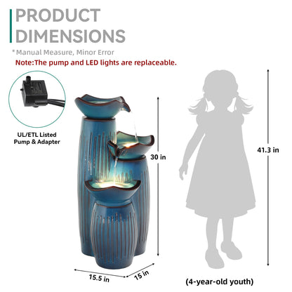 Autodaya 30" H Ceramic Outdoor Water Fountain with LED Lights, 3-Tier Cascading Lotus Bowls Water Feature, Soothing Cascading Waterfall for Garden, Patio, Yard, Turquoise Vertical Striped Texture