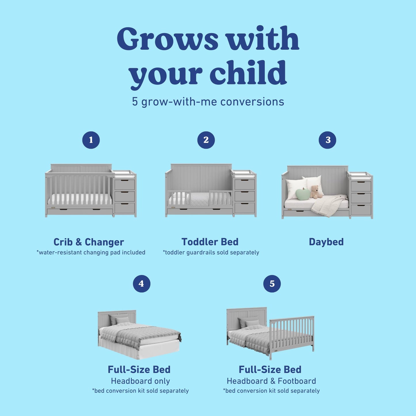 Graco Hadley 5-in-1 Convertible Crib & Changer – GREENGUARD Gold Certified, Fits Standard Crib Mattress, Converts to Toddler Bed and Full Bed, 4 Adjustable Mattress Heights (Pebble Gray)