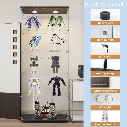 Beauty4U Glass Display Cabinet with Lights, 5 Shelves with 2 Doors, Curio Cabinets for Living Room, Bedroom, Office, Black Floor Standing Glass Bookshelf, Quick Installation