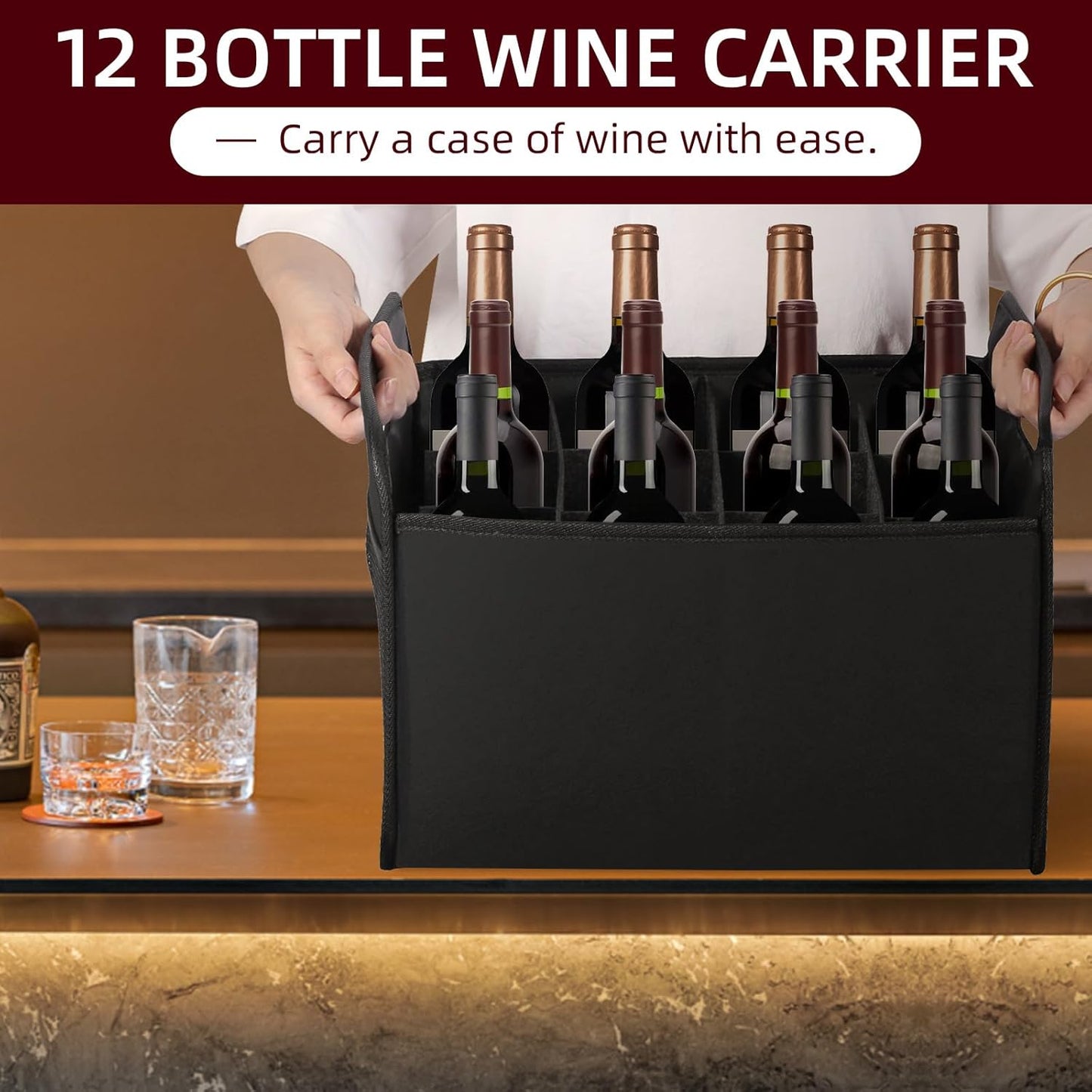 12 Bottle Wine Carrier - Collapsible Premium Felt Tote with Handles for Travel, Party, Picnic, Black