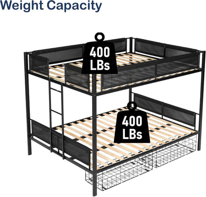 DNYN Queen Over Queen Bunk Bed with Drawers for Kids Bedroom,Space Saving Metal Bedframe w/Ladder & Safety Rails,Easy Assembly & No Box Spring Needed,for Dorm,Guest Room, Black