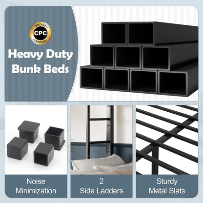 Bellemave Metal Twin XL Over Queen Bunk Bed for Adults/Kids,Heavy Duty Adults Bunk Beds with Guardrail & Ladders,Queen Size Bunk Beds for Teens,Black