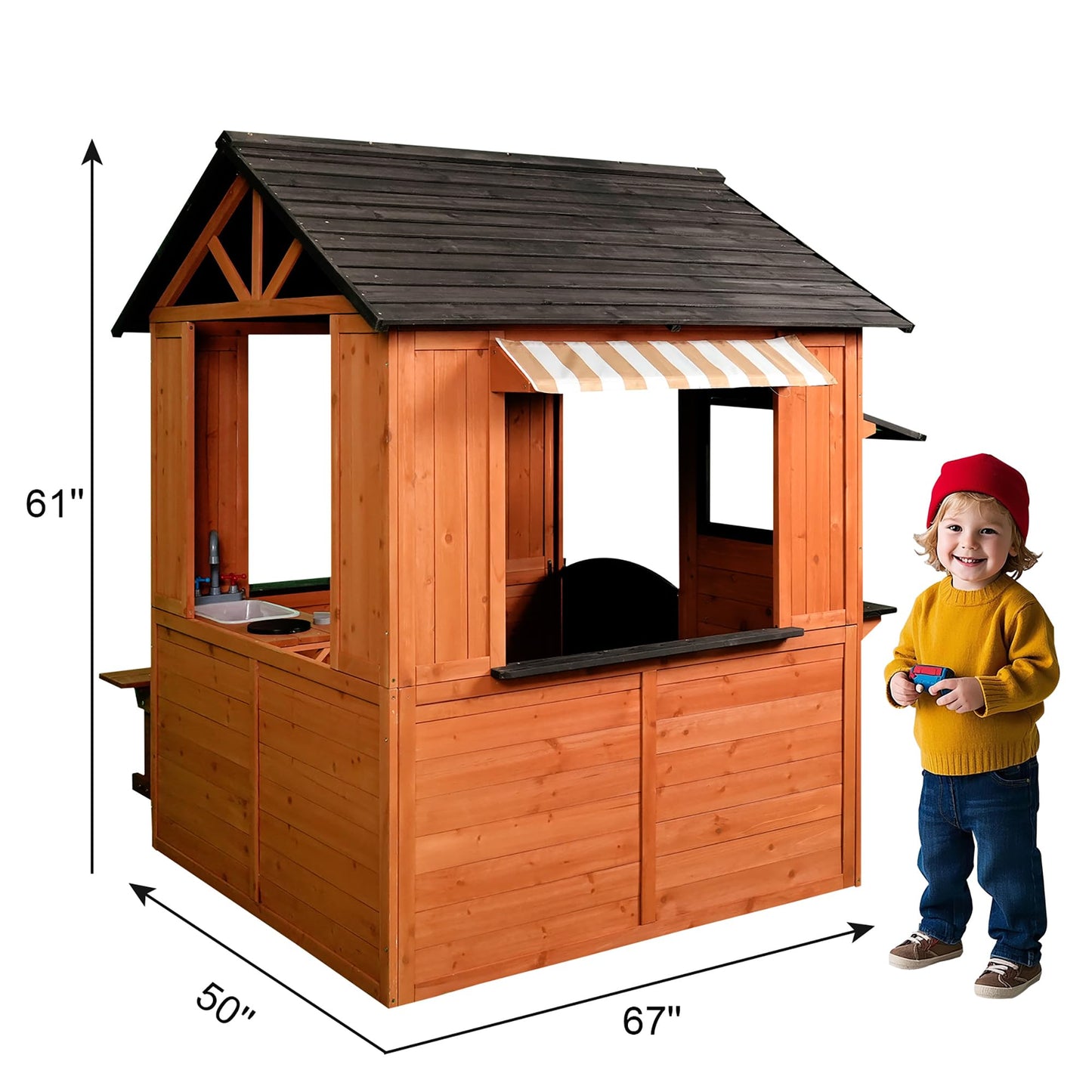 Easy Playhouse: Big Outdoor Wooden Playhouse - Working Door & Windows, Side Serving Station & Bench, Sink & Stove, Backyard Creative Toy Home, Kids 3+