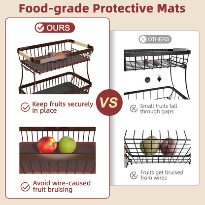 Sevenblue 2 Tier Large Fruit Basket for Kitchen Counter with 2 Mobile Banana Hangers, 2026 Pro Detachable Metal Fruit Bowl with Wooden Handle (Brown, 2 Tier Extra Large)