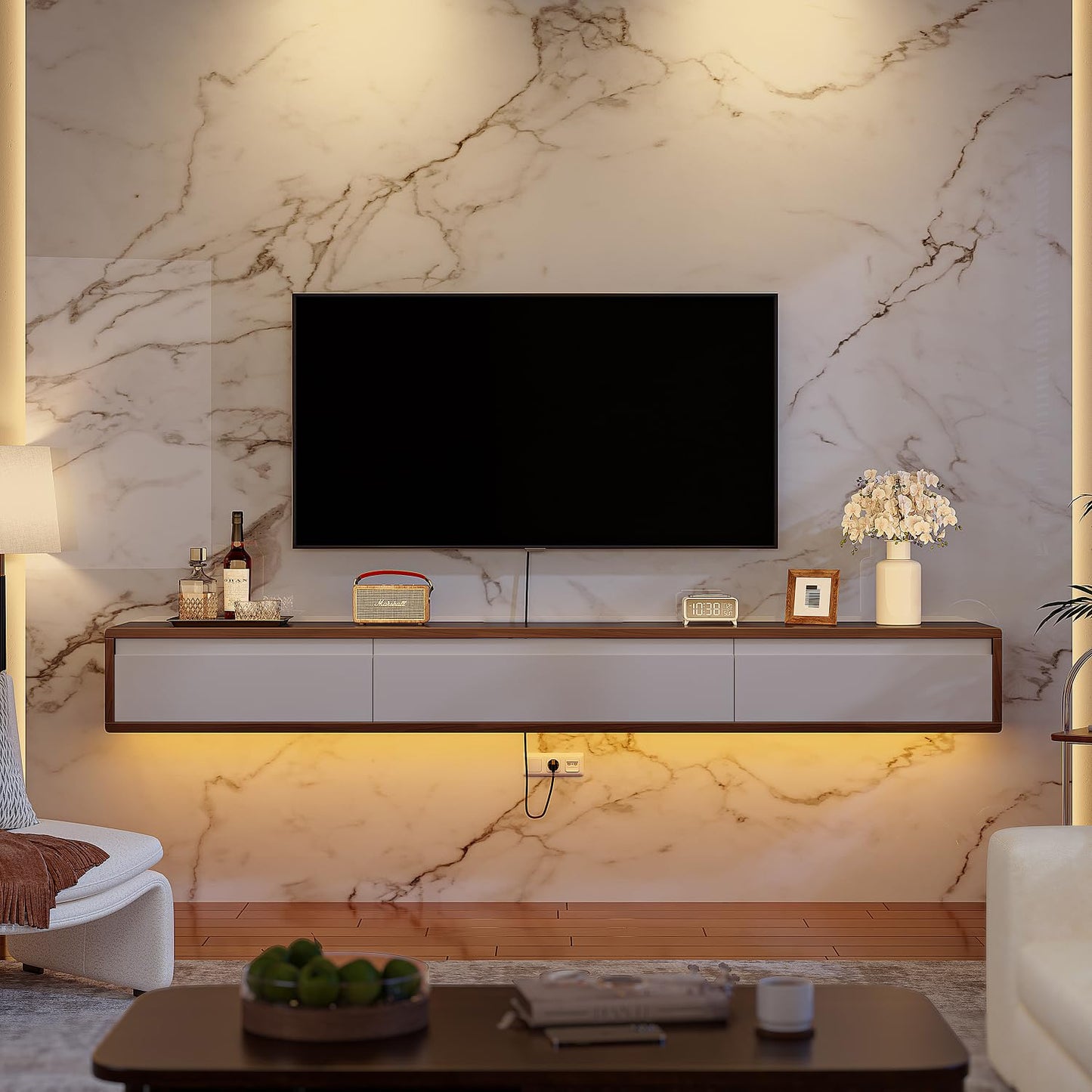 FurniNova Fully Assembled Floating TV Stand, Modern Plywood Media Console with 2 Drawers & 1 Flip Door, Wall Mounted Entertainment Center with High Gloss Finish & Round Edges, 55 inch, Walnut & White