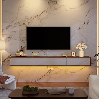 FurniNova Fully Assembled Floating TV Stand, Modern Plywood Media Console with 2 Drawers & 1 Flip Door, Wall Mounted Entertainment Center with High Gloss Finish & Round Edges, 55 inch, Walnut & White