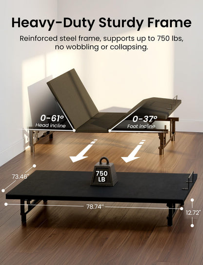 Feetice King Size Adjustable Bed Frame with Wireless Remote, Zero Gravity & Head & Foot Incline, Heavy-Duty Steel Frame, Whisper-Quiet Motor, Easy Installation (79" L x 74" W x 12.72" H), Black