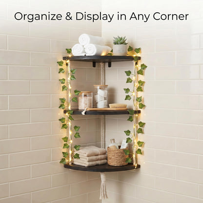 REFGY 3-Tier Corner Floating Shelves with Aesthetic Greenery & Fairy Lights - Premium Wood-Textured Boho Wall Hanging Shelf - Stable L-Bracket Support for Home Decor, Office & Small Spaces