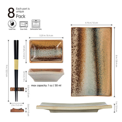 UNICASA Ceramic Sushi Plate Set 8 Piece, Japanese Style Sushi Serving Set for 2, Dishwasher & Microwave Safe, Include Sushi Plates, Sauce Dishes, Chopsticks & Holders, Light Brown