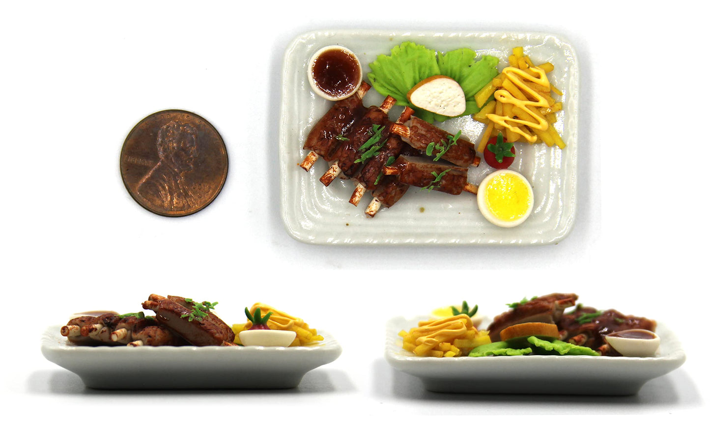 Lovely Mixed 5 Assorted Hawaiian Grilled, Steak, with Appetizer Dish Dollhouse Miniature Food, Tiny Food for Collectibles, Compatible with Barbie Dollhouse and Diorama Scale 1:6, 1/6