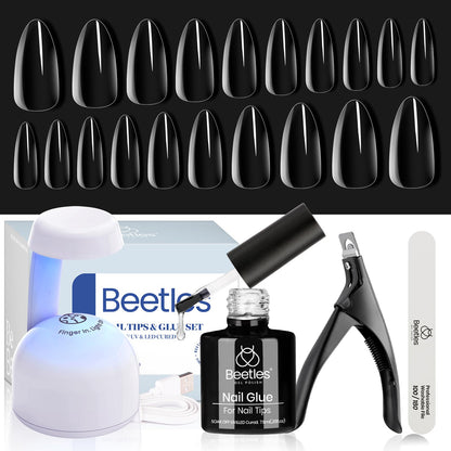 Beetles Gel Nail Extension Kit Almond Shape, Easy 9 in 1 Glue Uv Led Set Etch X Nail Tips Short Almond Half Matte Tips, Gift for Women & Girls, 504 pcs