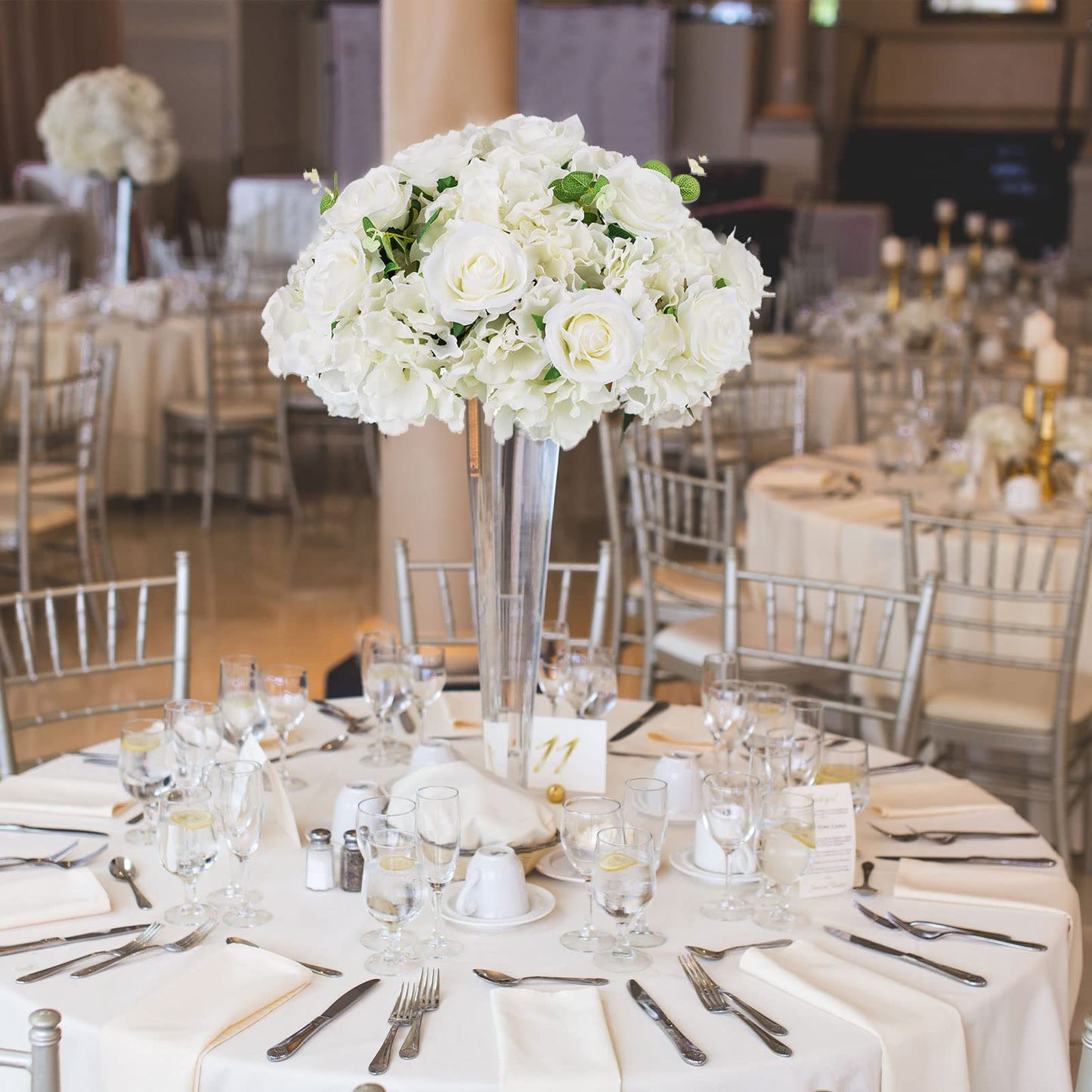 BLOSMON Wedding Flower Centerpieces for Tables: 10 Pcs 15.7" Large White Rose Hydrangea Artificial Flowers Ball Decorations - Faux Silk Floral Bouquet Arrangement for Home Party Event Decor