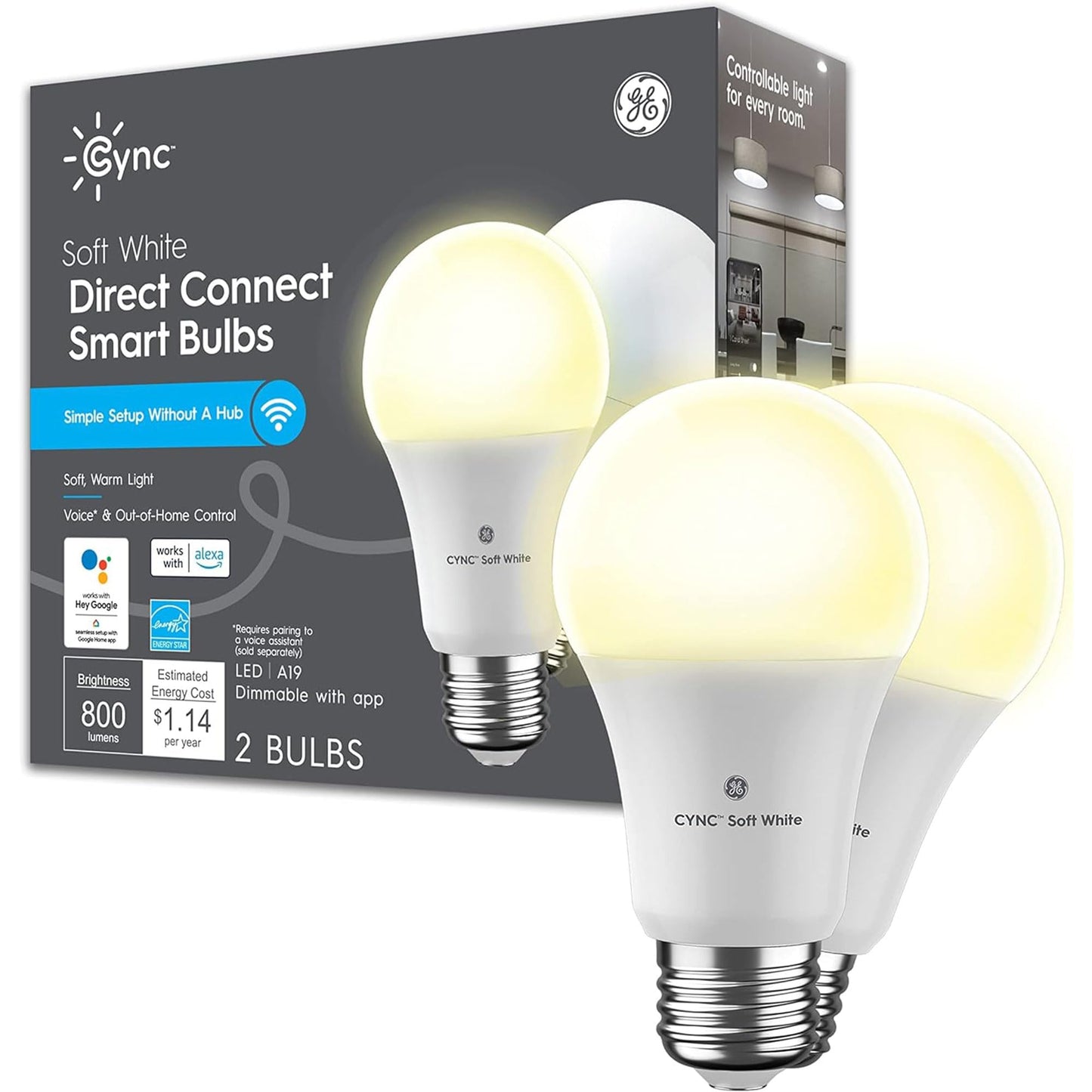 Cync GE Smart LED Light Bulbs, A19 Medium Base, Soft White, 60W Equivalent, Bluetooth and WiFi Light Bulbs, Works with Alexa and Google Home, Dimmable, 4 Pack