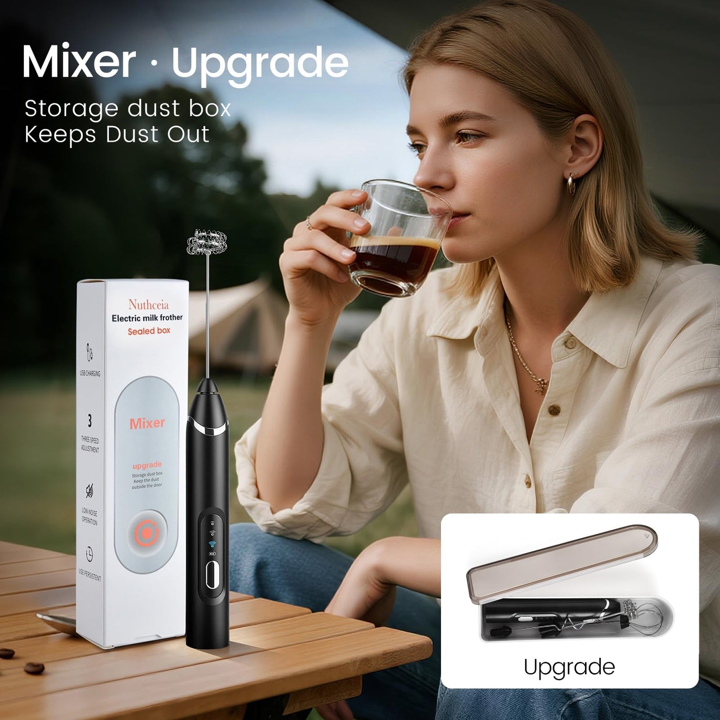 Nuthceia Handheld Milk Frother with Travel Case - Portable USB Rechargeable Mini Whisk for Coffee, Latte. Includes 3 whisks, storage, perfect for frothing milk, beating eggs, and blending drinks.