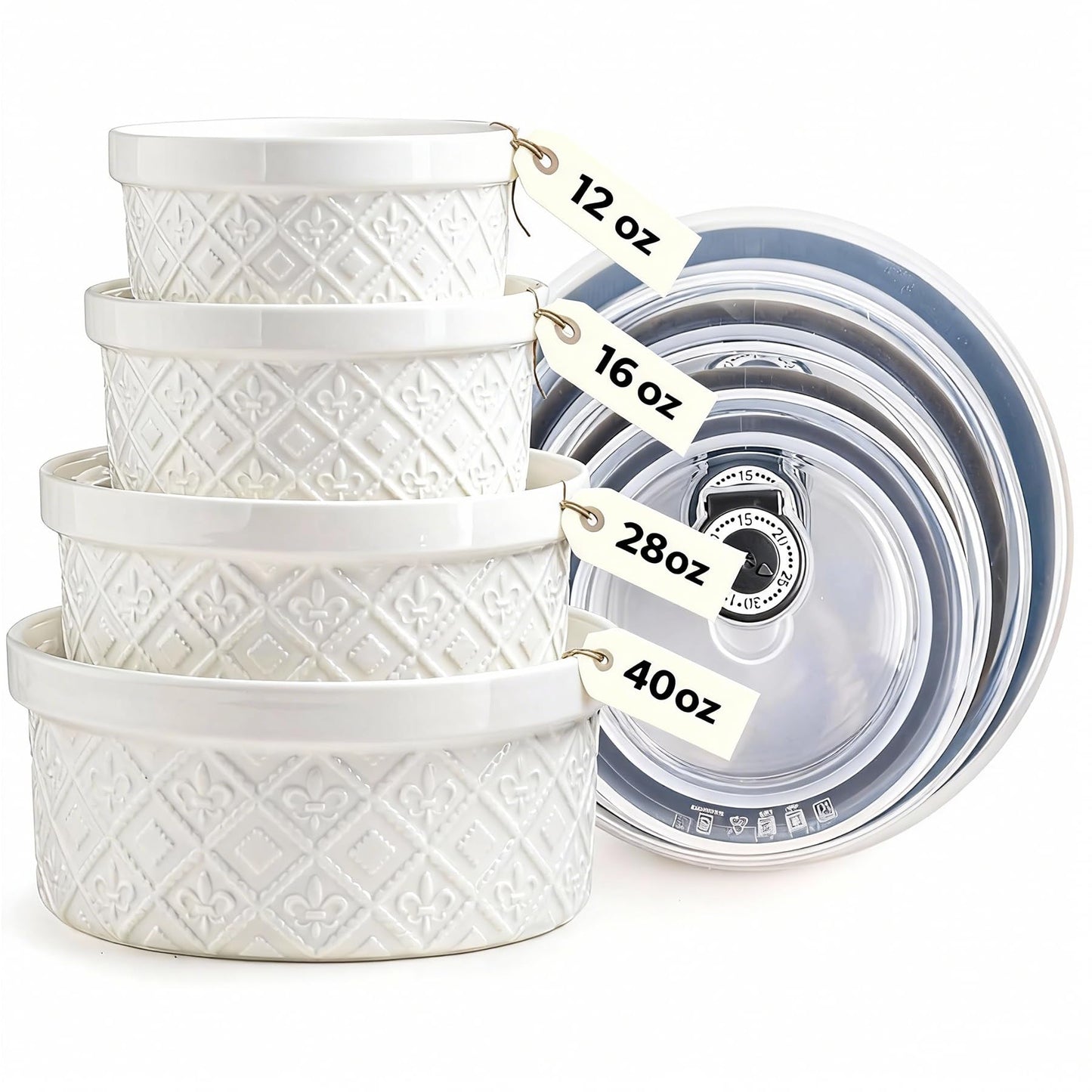 Large Mixing Bowls with Airtight Lids, Classic White Porcelain Embossed Nesting Salad Bowls for Baking and Cooking, 12/16/28/40oz Serving Bowls Set of 4, Oven and Dishwasher Safe, Thanksgiving Gift