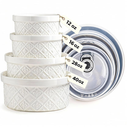 Large Mixing Bowls with Airtight Lids, Classic White Porcelain Embossed Nesting Salad Bowls for Baking and Cooking, 12/16/28/40oz Serving Bowls Set of 4, Oven and Dishwasher Safe, Thanksgiving Gift