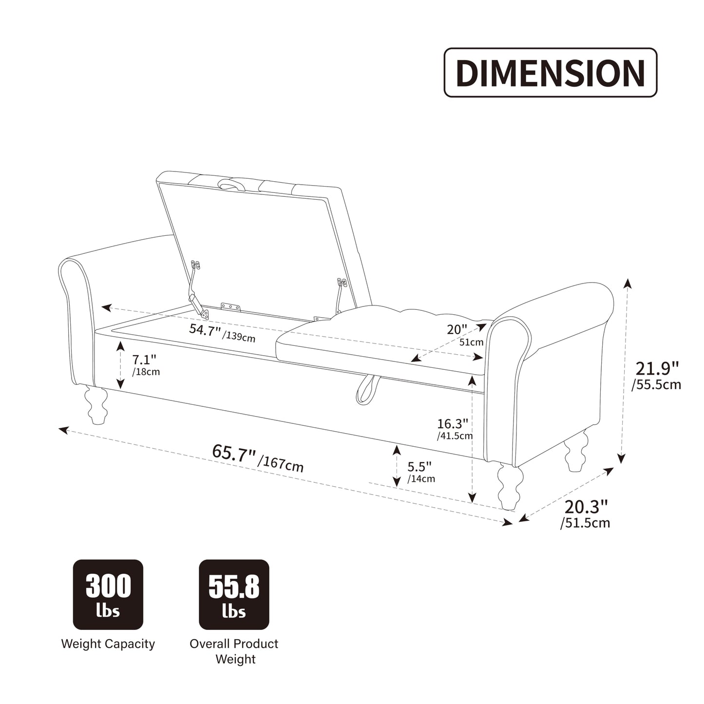 KEIKI 65.7" Modern Upholstered Storage Bench with Double Lids, Ottoman with Storage, Ottoman Bench with Rolled Armrest, Rubberwood Legs, for Bedroom, Living Room, Entryway & Window, Black