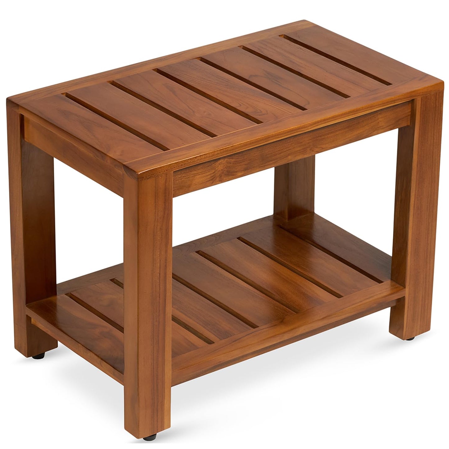 TeakCraft Teak Shower Bench with Shelf, 24” Wide, Shower Stool, Fully Assembled Bathroom Shower Seat, Water-Resistant Spa Bath Bench for Shower, Bathroom & Entryway, The Tara