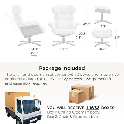 CHITA Genuine Leather Reclining Swivel Chair with Adjustable Headrest and Ottoman for Living Room, White