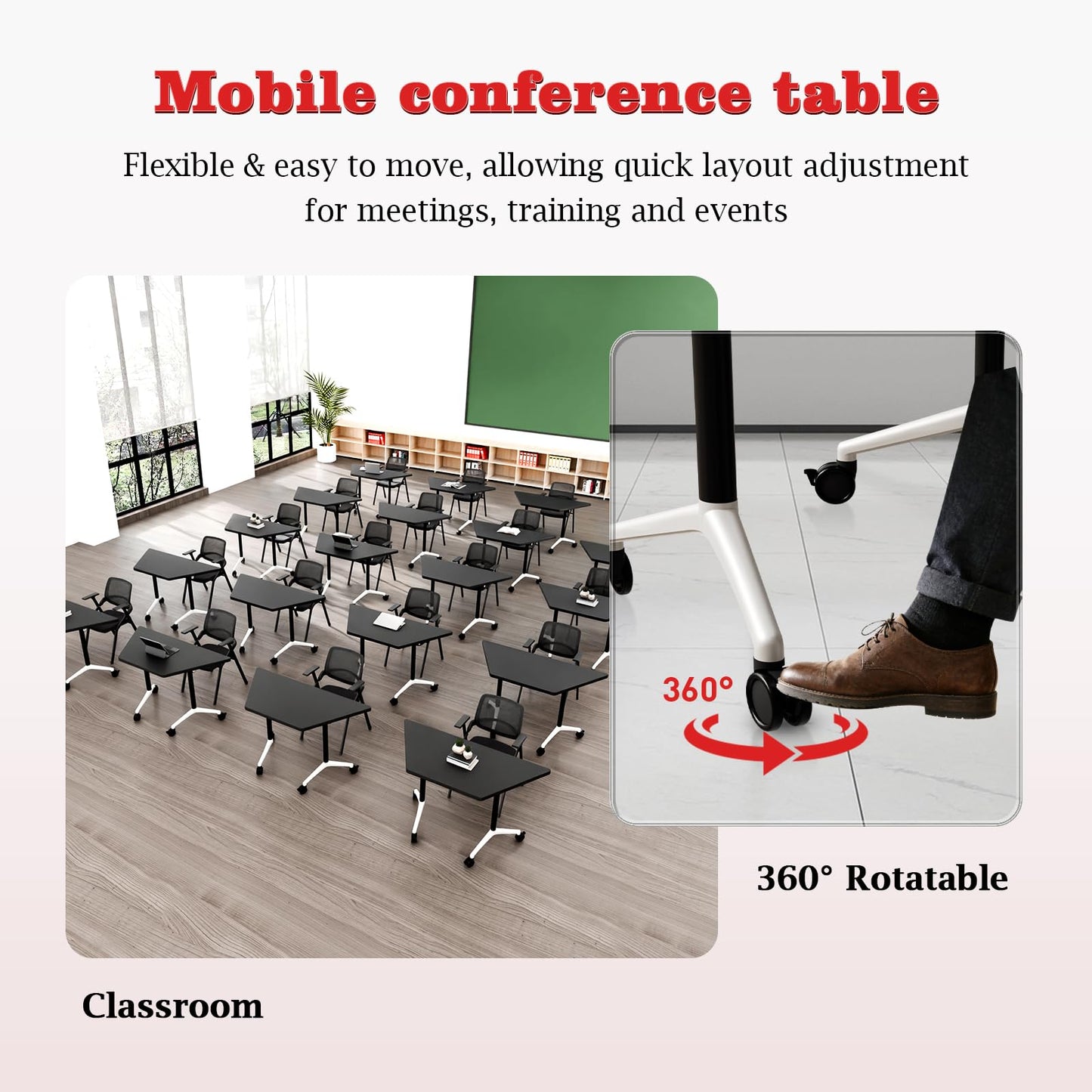 Conference Room Table, Foldable Flip Top Mobile Training Table with Wheels, 47.2 Inch Modern Rectangular Meeting Seminar Desk, Waterproof Metal Frame for Office, Classroom & Boardroom