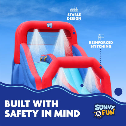 Sunny & Fun Dual Splash Inflatable Water Racing Slide Park – Heavy-Duty for Outdoor Fun - Climbing Wall, Two Slides & Splash Pool – Easy to Set Up & Inflate with Included Air Pump & Carrying Case