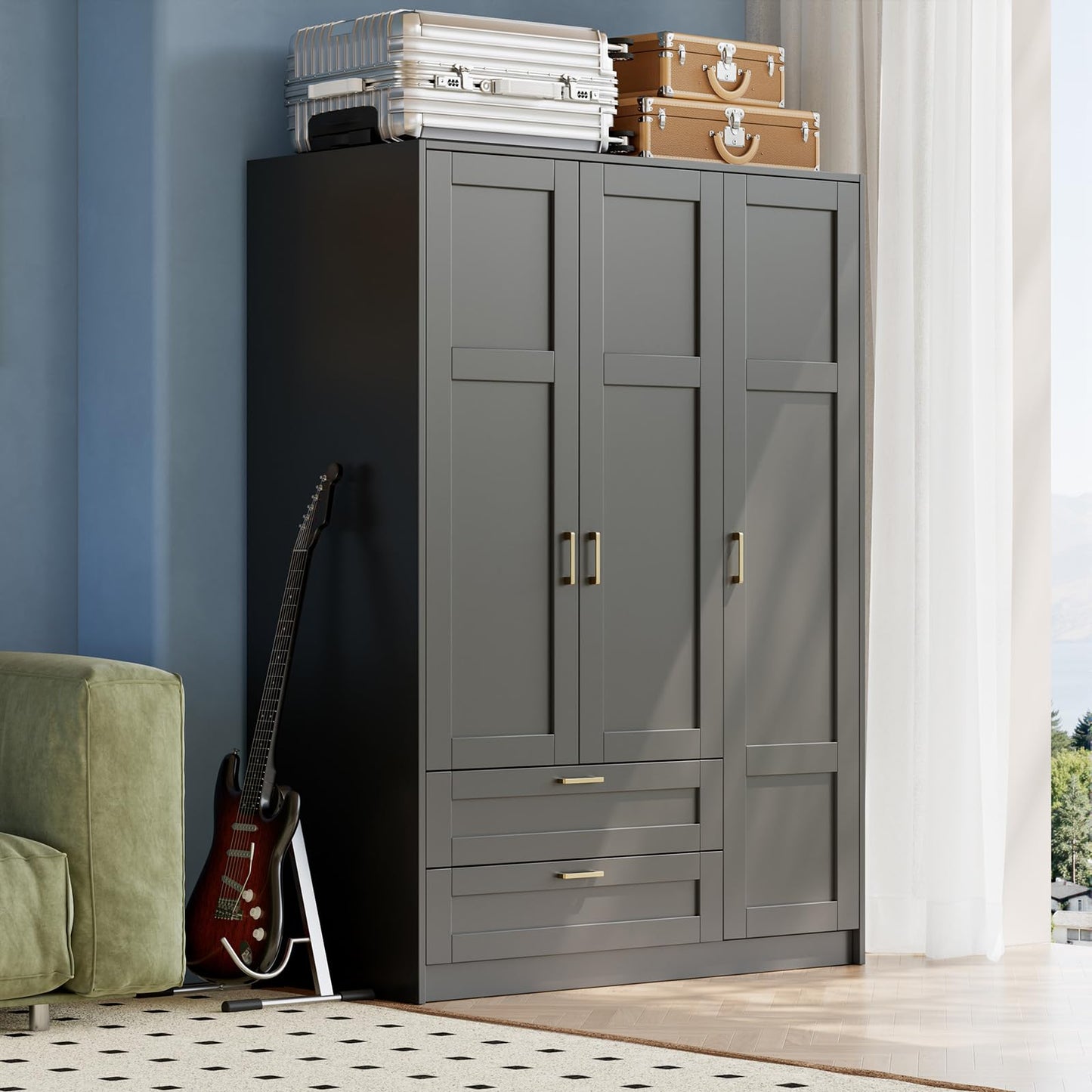 66" 3 Doors Wooden Wardrobe Closet Armoire with 2 Drawers & 3 Shelves, Wooden Wardrobe Closet with Hanging Rod, Bedroom Large Capacity Freestanding Armoire for Bedroom,Cloak Room,Entrance Hall, Black