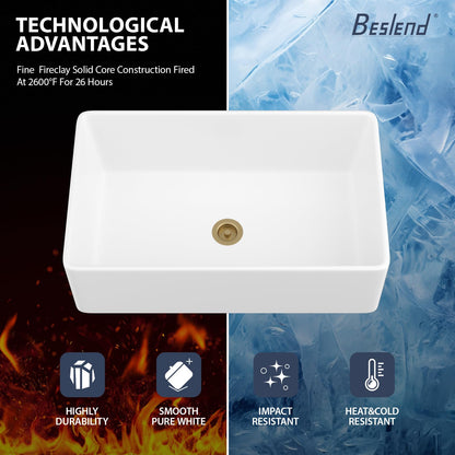 Beslend White Farmhouse Sink 33X20 inch Fireclay Farm Style Apron Front Undermount Kitchen Sink Large Single Bowl Farmer Kitchen Basin