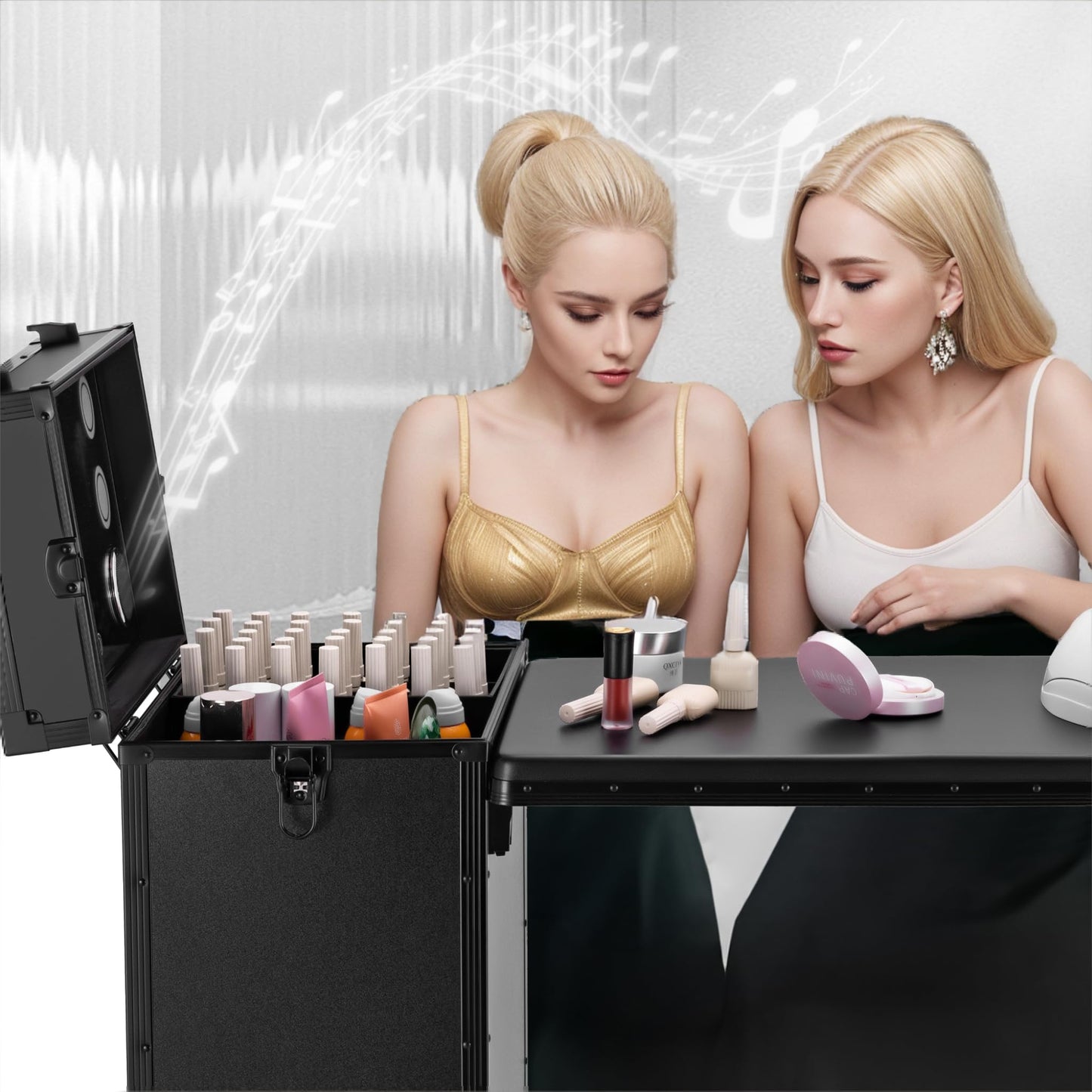 SJD LACE Rolling Manicure Table with 3 Drawers, Portable Nail Desk for Nail Tech, Foldable Nail Table Lockable Makeup Case with Mirror, Nail Polish Organizer, Mobile Nail Tech Workstation with Wheels