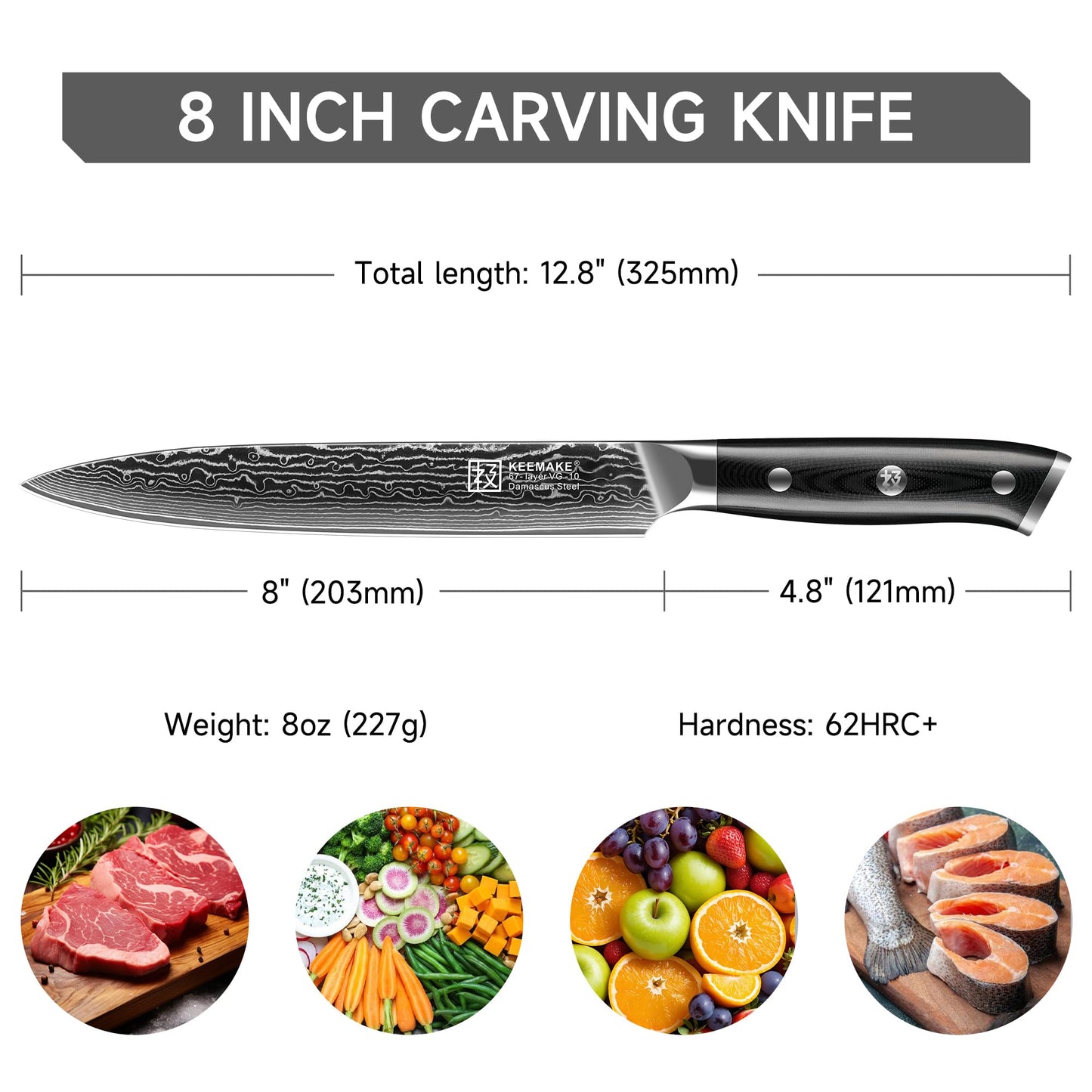 KEEMAKE Carving Knife for Meat, 8 Inch Ultra Sharp Damascus Kitchen Knives with G10 Ergonomic Handle, Brisket Knife for Meat Cutting, Japanese Knives for BBQ Ham Roast Turkey Vegetable