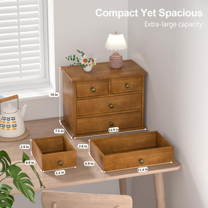 Oak Desk Organizer with Drawers, Durable Wooden Desktop Storage Box with Metal Handles & Non-Slip Silicone Pads, 4 Drawer Tabletop Organizer for Office, Bedroom, Bathroom, Vanity, and Makeup – Walnut