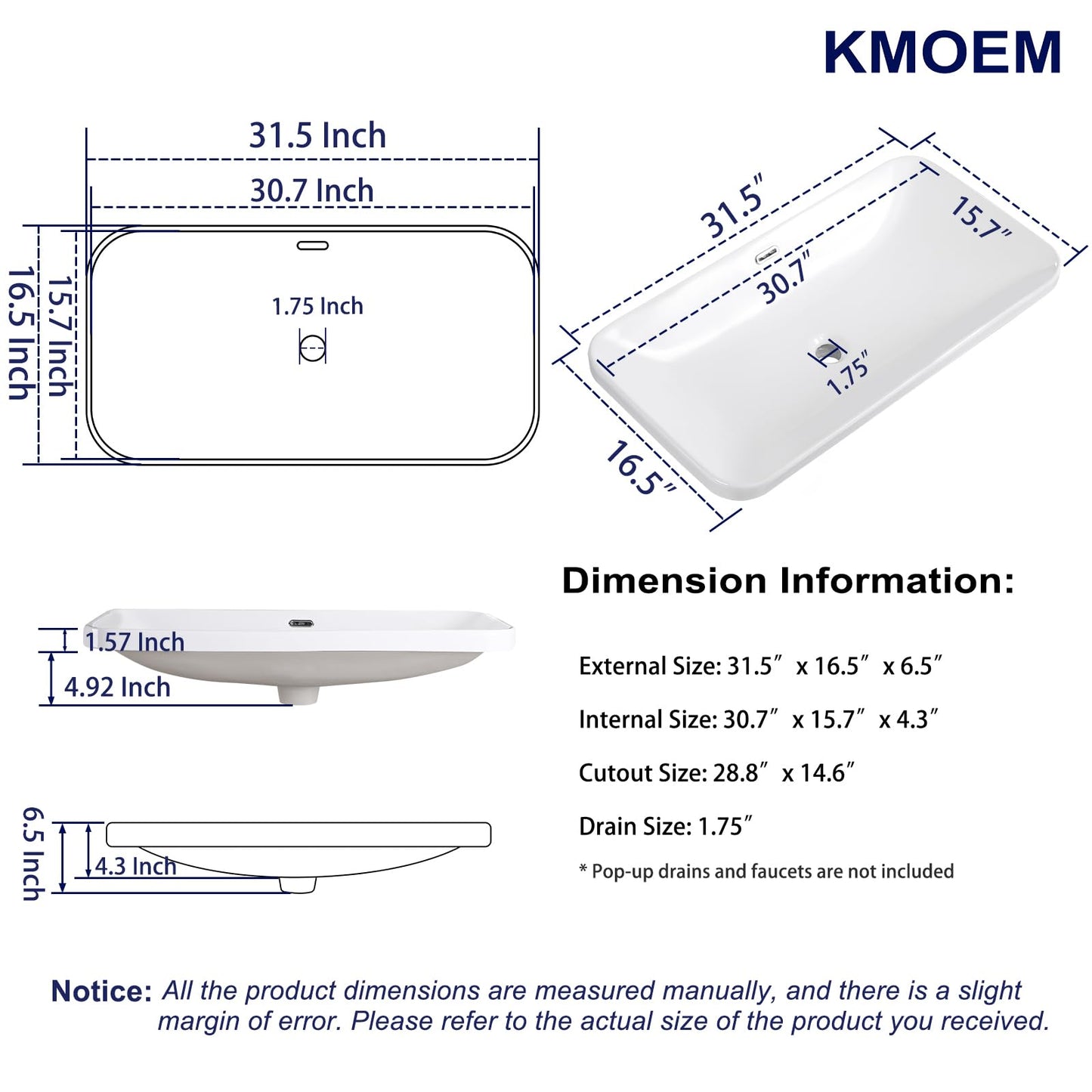 KMOEM Vessel Sink 32"x17" Semi Recessed Bathroom Sink Drop-in Bathroom Sink Support Dual Faucet Installation White Porcelain Ceramic Modern Rectangular Vanity Sinks with Overflow