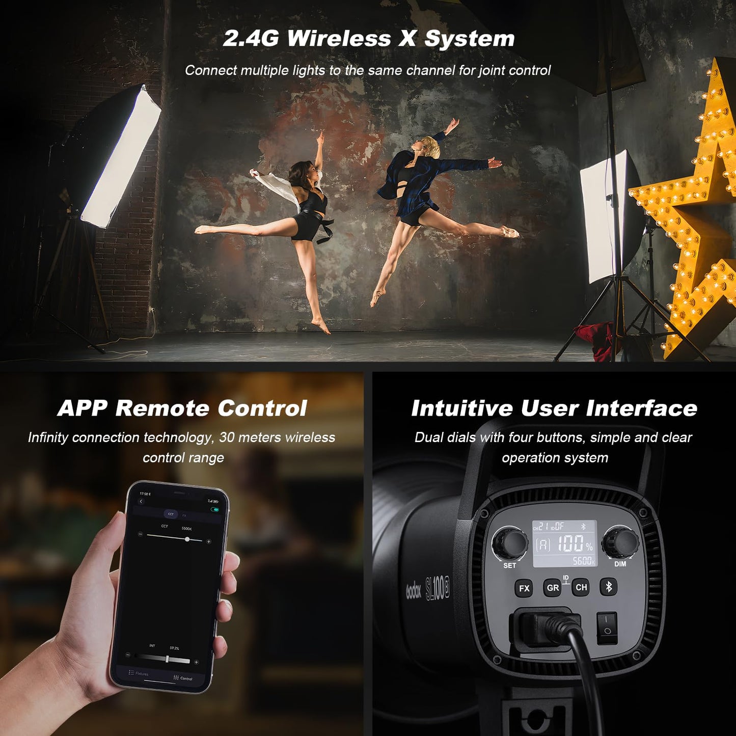 Godox 2PACK SL100Bi Professional COB LED Video Lighting Kit Bi Color Continuous Light Kit with 2*Light Stand 2* Softbox 1 * 5 in 1 Reflector 1*Carry Bag Studio Light for Photography Studio Shooting