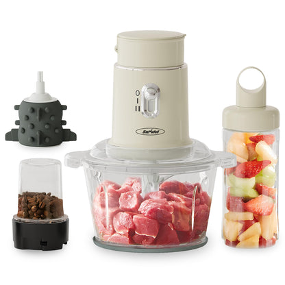 Sunvivi 250W Electric Food Chopper, 4 in 1 Food Grinder for Grinding Meat, Peeling Garlic & Juicing, Variable Speed Blender and Food Processor Combo with 1.5L Glass Bowl & 2 Cups (0.4L+0.2L), Beige