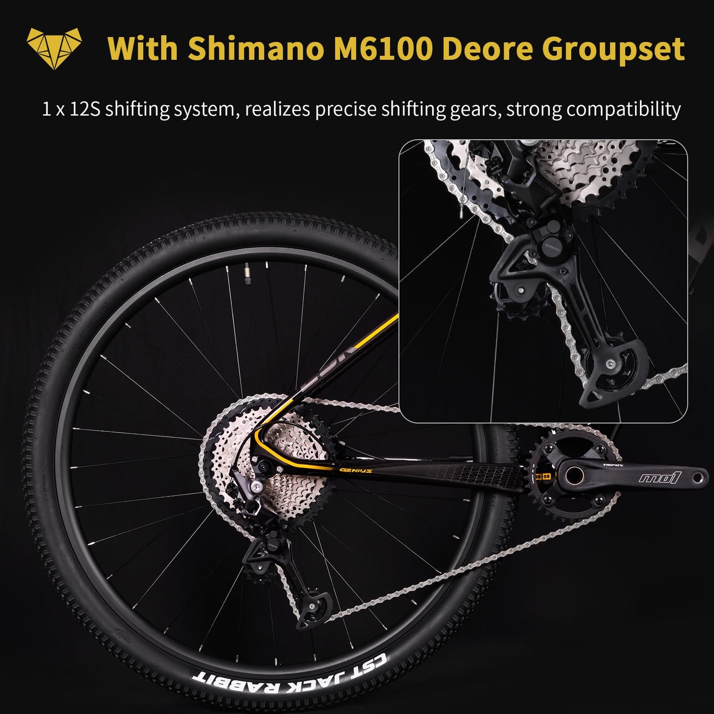 TRIFOX Carbon Fiber Mountain Bike with Shimano M6100 Deore Groupset 12-Speed,Carbon Fiber Frame,Hydraulic Fork 130mm Travel,29er Mountain Bike for Adult 17/19 inch (Obsidian Gold, 29er * 17 inch)