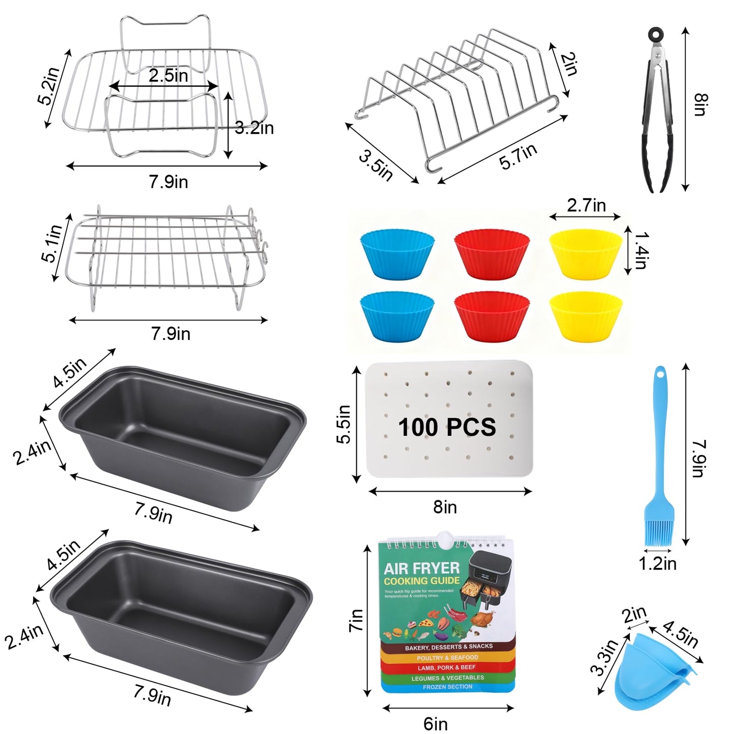 Air Fryer Accessories, 16pcs Set for Ninja DZ401 DZ201 Foodi Dualzone Air Fryers with 100pcs Air Fryer Liners, 2 Non-Stick Pans, Bread,Toasting,Skewer Racks, Food clip, 6 Cake Cups, 2 Mitts