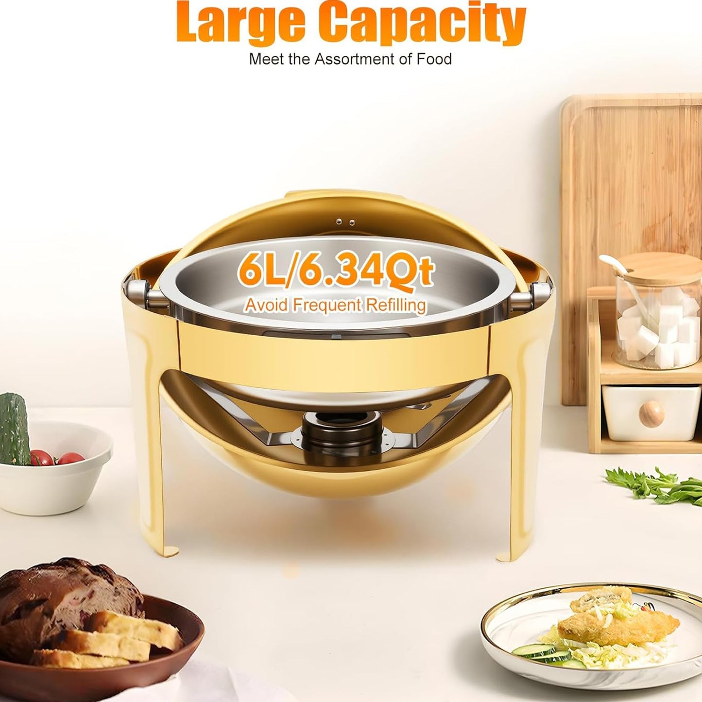 ZephPerton Round Gold Buffet Chafing Dish, Buffet Server Capacity Golden Food Warmer, 180° Roll Top with Visible Glass Lid & Surround Water Heat Insulation for Home Restaurant Party Catering Hotel