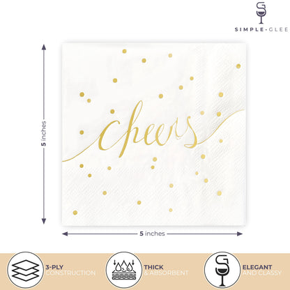 White and Gold Cocktail Napkins - Pack of 100 Disposable Bar Napkins - Wedding Baby Shower Birthday Graduation Dessert - 3 Ply - By Simple-Glee