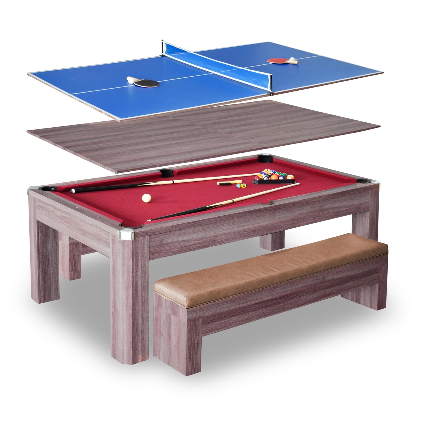 Hathaway Newport 7 Foot Dining Pool Table Combo with Game Accessories, & 2 Benches – Multifunctional Billiards Table with Ping Pong & Dining Top – Light Oak Finish, Chrome Accents, Red Felt
