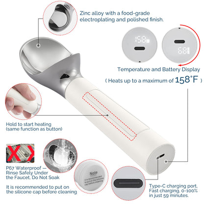 Heated Ice Cream Scoop Rechargeable, Electric Warming Ice Cream Scooper with LED Display, Heats to 158°F for Hard Ice Cream, Easy for Seniors & Kids, IP67 Waterproof (White, 2 oz)