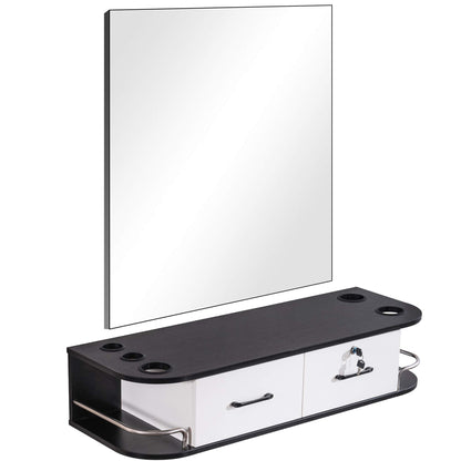 BarberPub Locking Wall Mount Styling Barber Station with Mirror Beauty Spa Salon Furniture,6154-5012-mirror (Black&White)