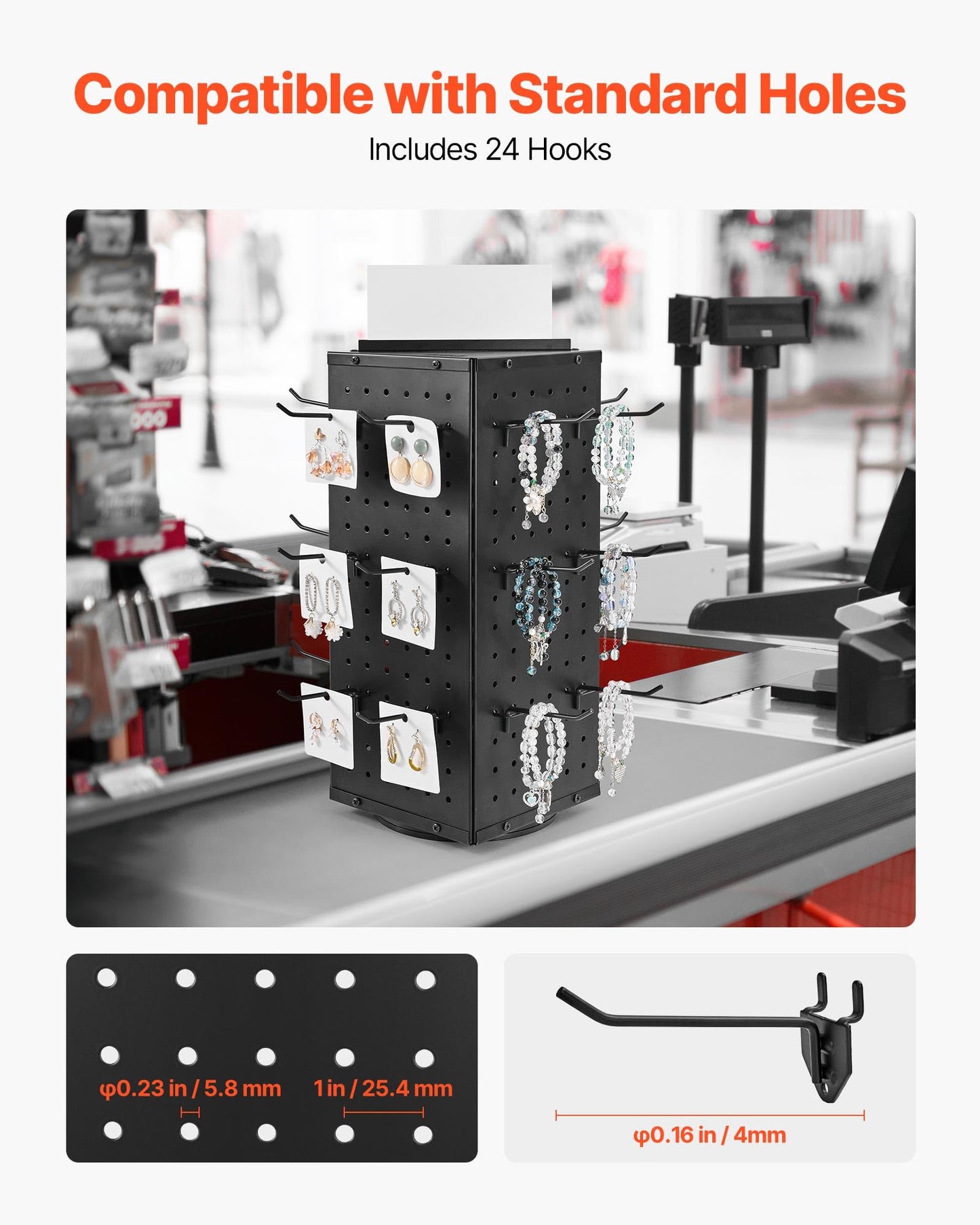 VEVOR Rotating Pegboard Display Stand, 7.4 x 7.4 x 17 in 4-Sided Spinning Peg Board Display with 24 Hooks, Thickened Cold-Rolled Steel Craft Rack Organizer for Grocery Retail Store Jewelry Shop, Black