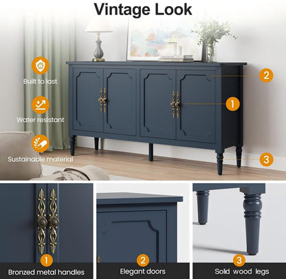 RoyalCraft Buffet Cabinet with Storage, Vintage Sideboard with Adjustable Shelves, Mid Century Modern Painted Credenza Coffee Bar for Kitchen, Dining Room, Entryway, Blue