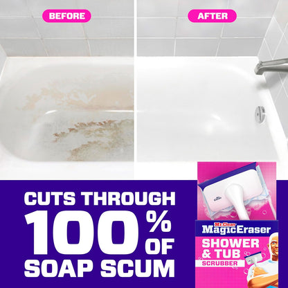 Mr. Clean Magic Eraser Shower & Tub Scrubber - All-in-One Bathroom Cleaner Kit | Lemon Scent, 1 Scrubber & 2 Erasers