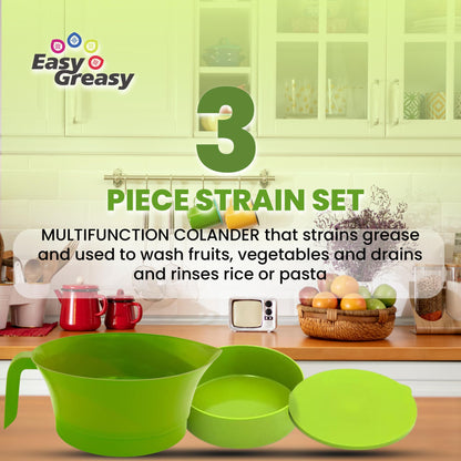 Easy Greasy 3-Piece Colander Grease Strainer Set – Green Grease Separator with Handle, Container & Lid – Strains Bacon, Pasta, Ground Beef – BPA-Free Kitchen Gadget