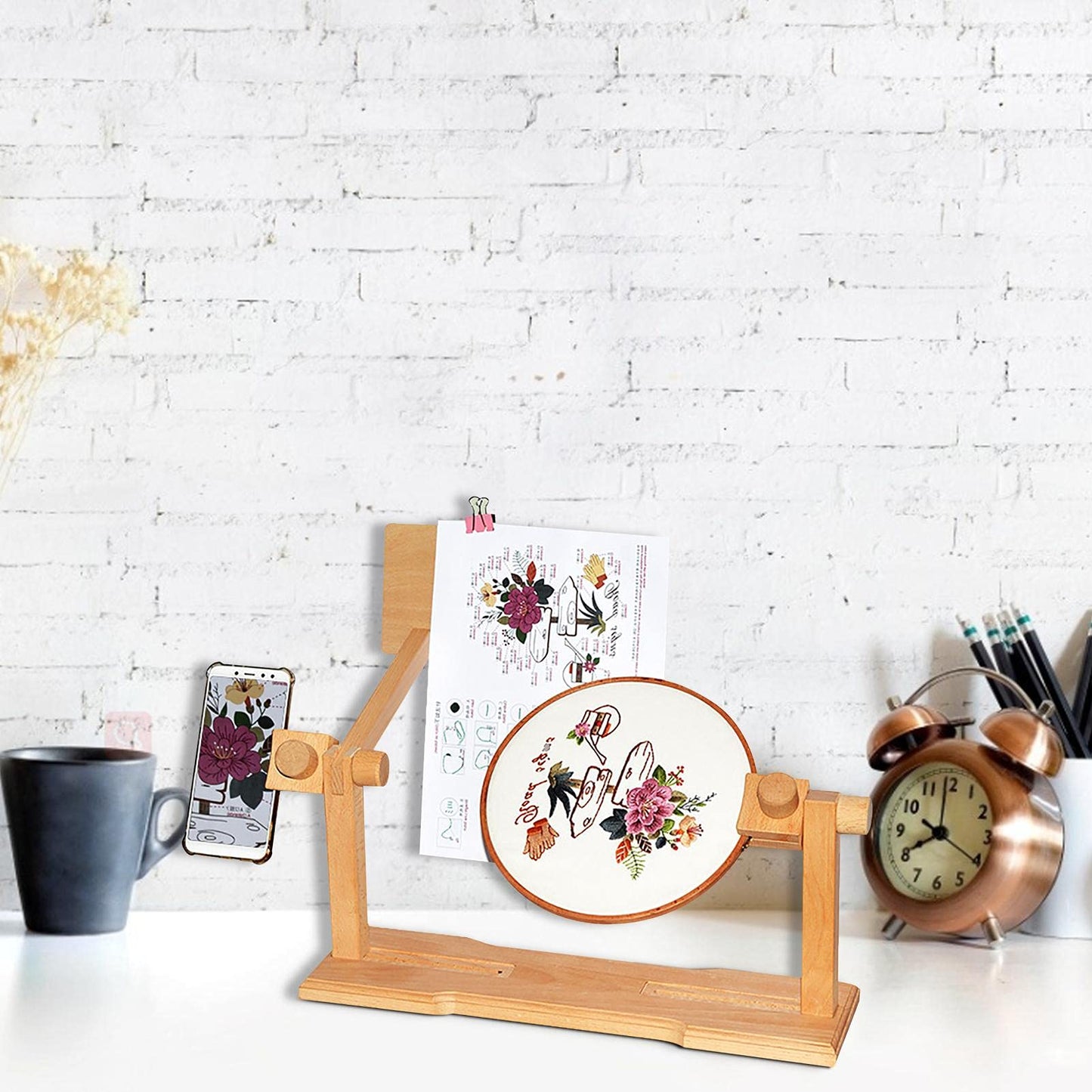 Embroidery Hoop Stand - Wooden Cross-Stitch Frame?Holder Floor Stand | Size Adjustable Hands-Free Desktop 360 Degrees Rotating Embroidery Stands for Hand Work