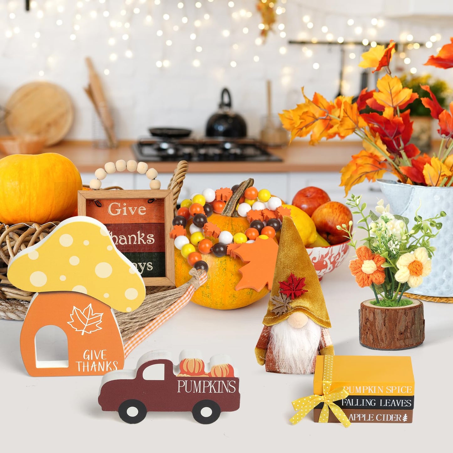 7 pcs Thanksgiving Tiered Tray Fall Decor Set, Gnome Truck Thanksgiving Wood Plaque Wooden Bead String Decorations, Fall Decorations for Home Kitchen Fireplace Farmhouse Office Fall Decoration