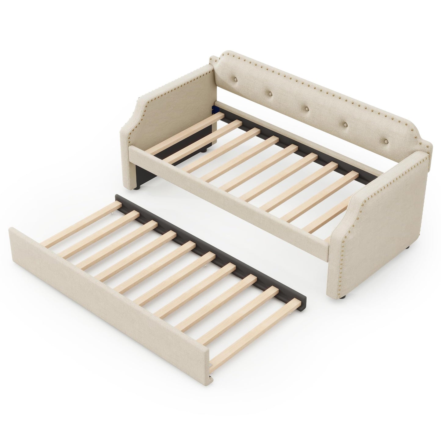Twin Size Daybed with Trundle, Upholstered daybed Frame with Button Tufted and Nailtrim on Arms, Wood Sofa Bed with Trundle Bed and Caster Design for Living Room, Bedroom, Guest Room, Beige.