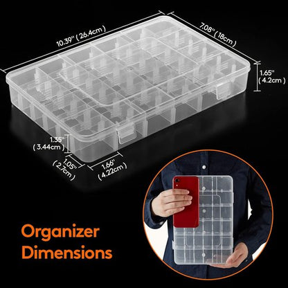Lifewit 36-Grids Clear Plastic Organizer Box - Stackable Storage with Adjustable Dividers & Labels | 2-Pack for Crafts, Jewelry & More