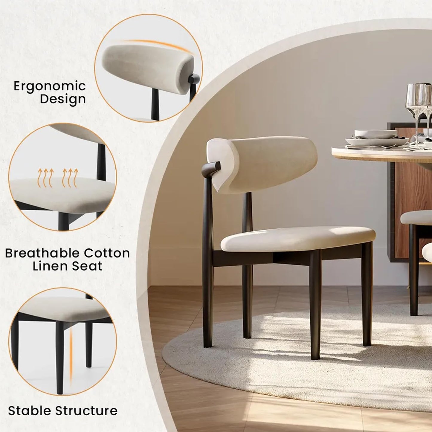POVISON Modern Dining Chairs Set of 2, Armless Black Dining Chair with Sackcloth Cushions and Dark Walnut-Coloured Ash Wood, Pre-Assembled Design